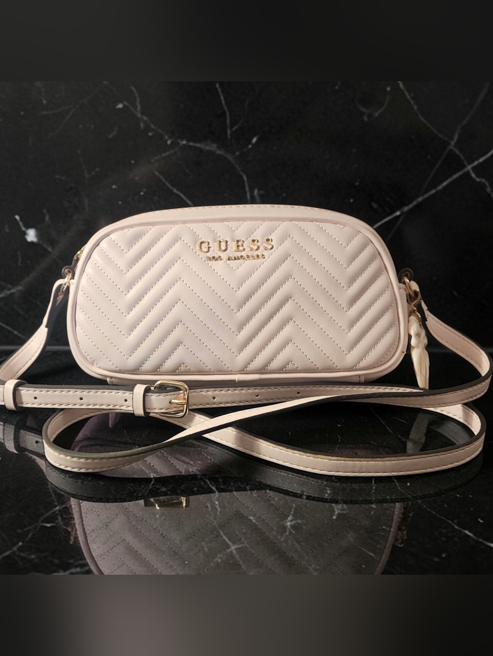 GUESS Quilted Crossbody Bag in Pale Pink with Gold Hardware
